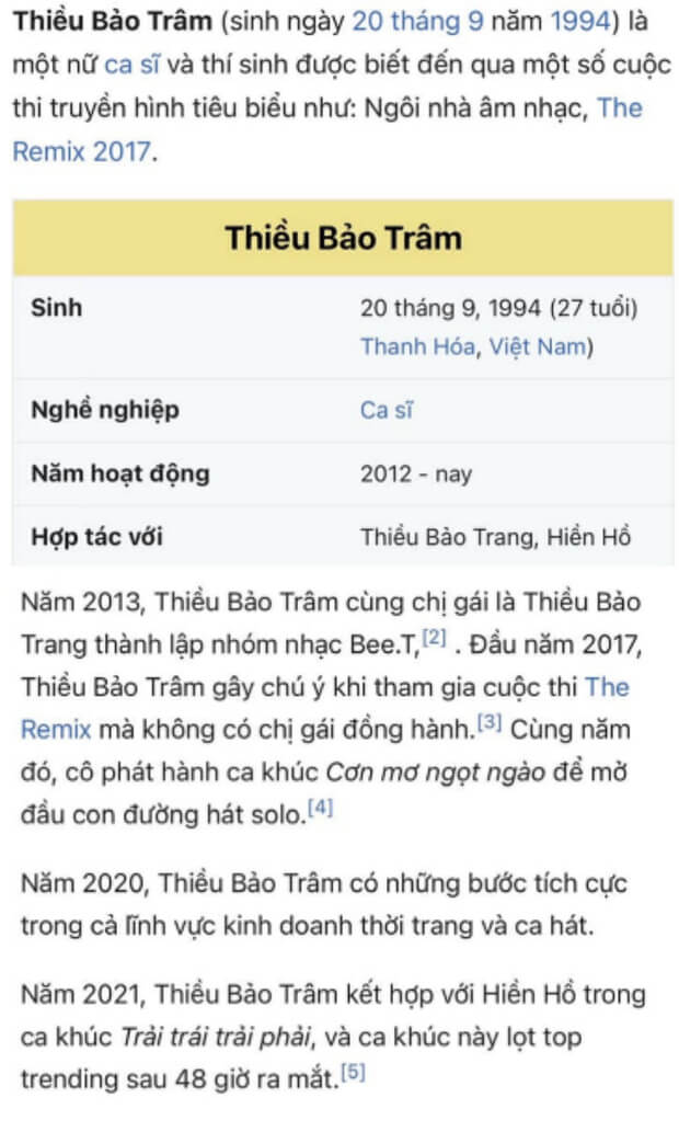 Thực hư Thiều Bảo Trâm bị xóa thông tin trên Wikipedia